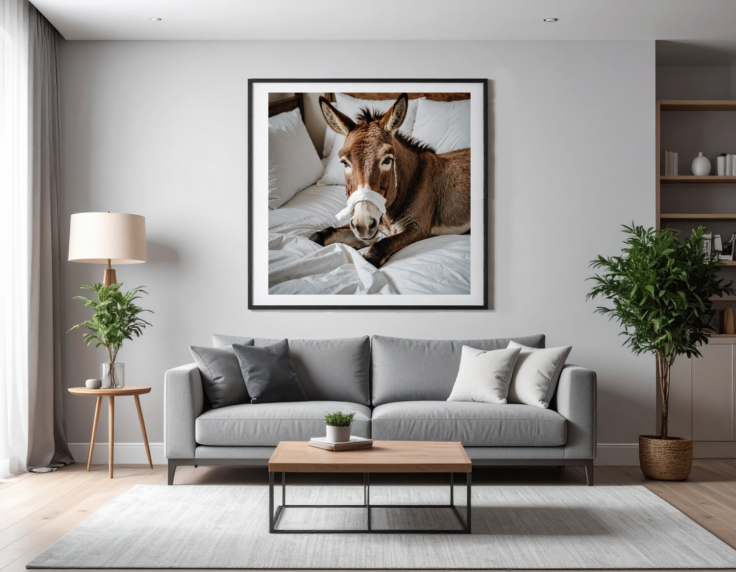 Donkey using a tissue and laying in bed