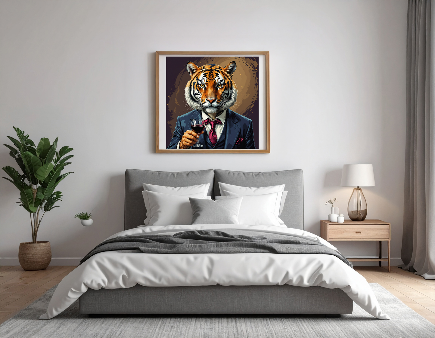 Fancy tiger with a glass of wine and a wink