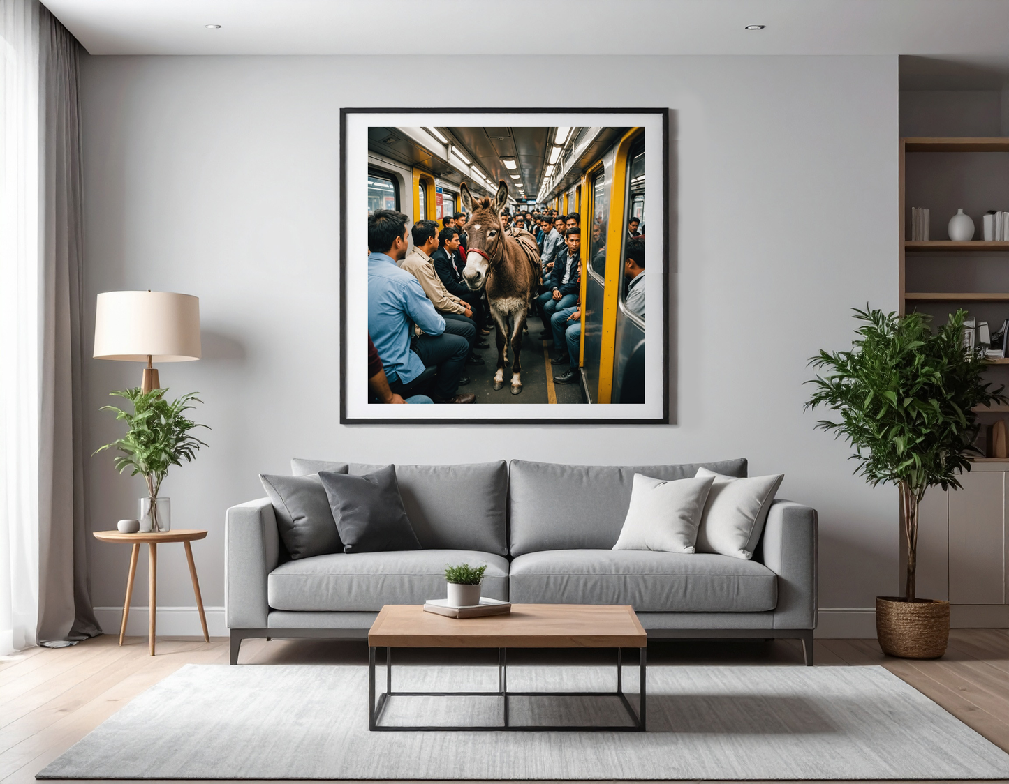 Donkey commuting to work in a train with other commuters