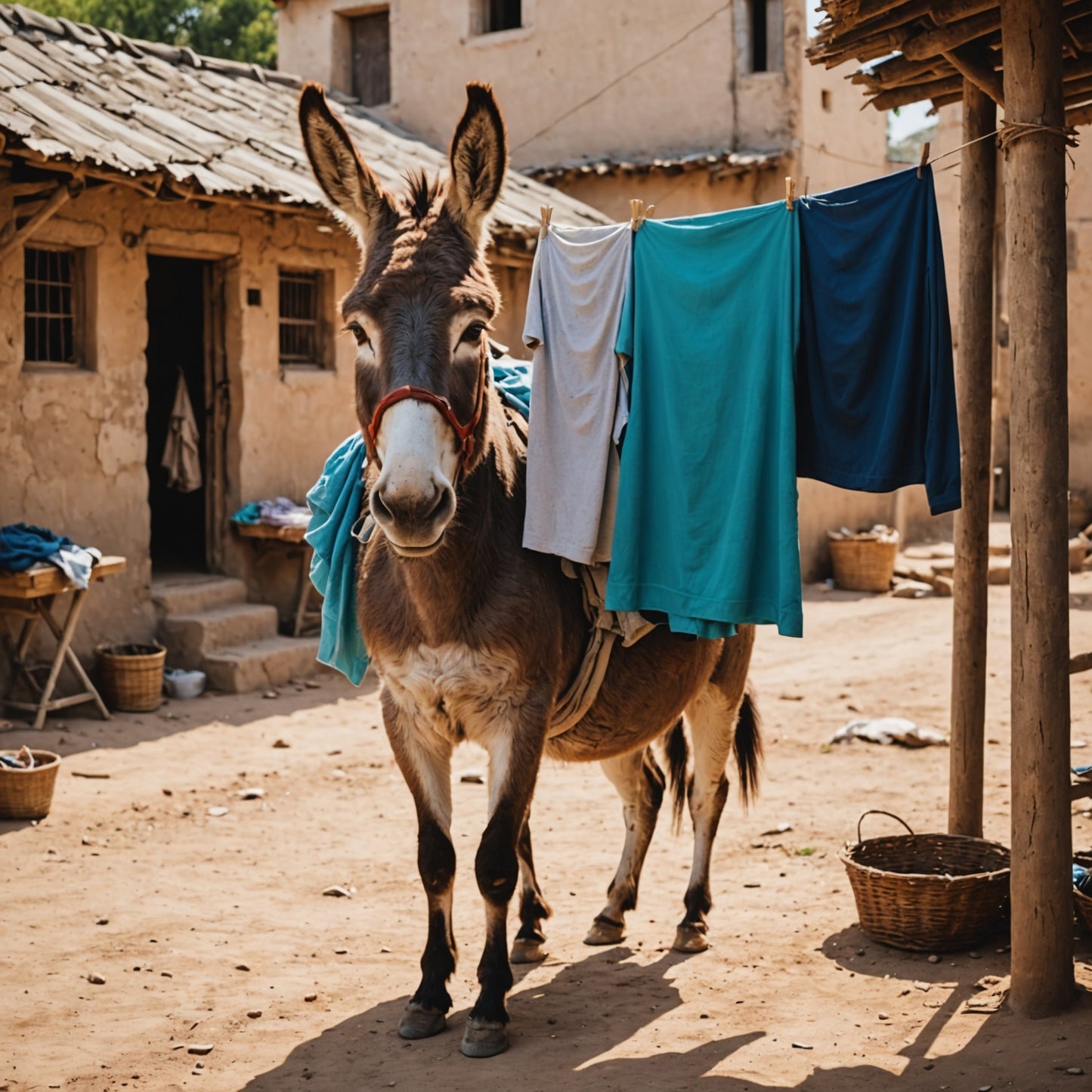 Donkey actively hanging laundry