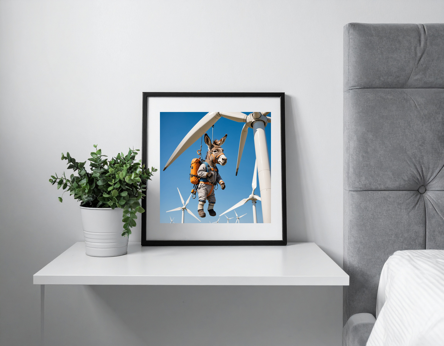 Cute donkey in safety climbing equipment hanging from a wind turbine