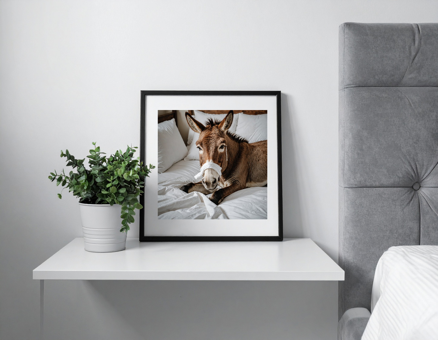Donkey using a tissue and laying in bed