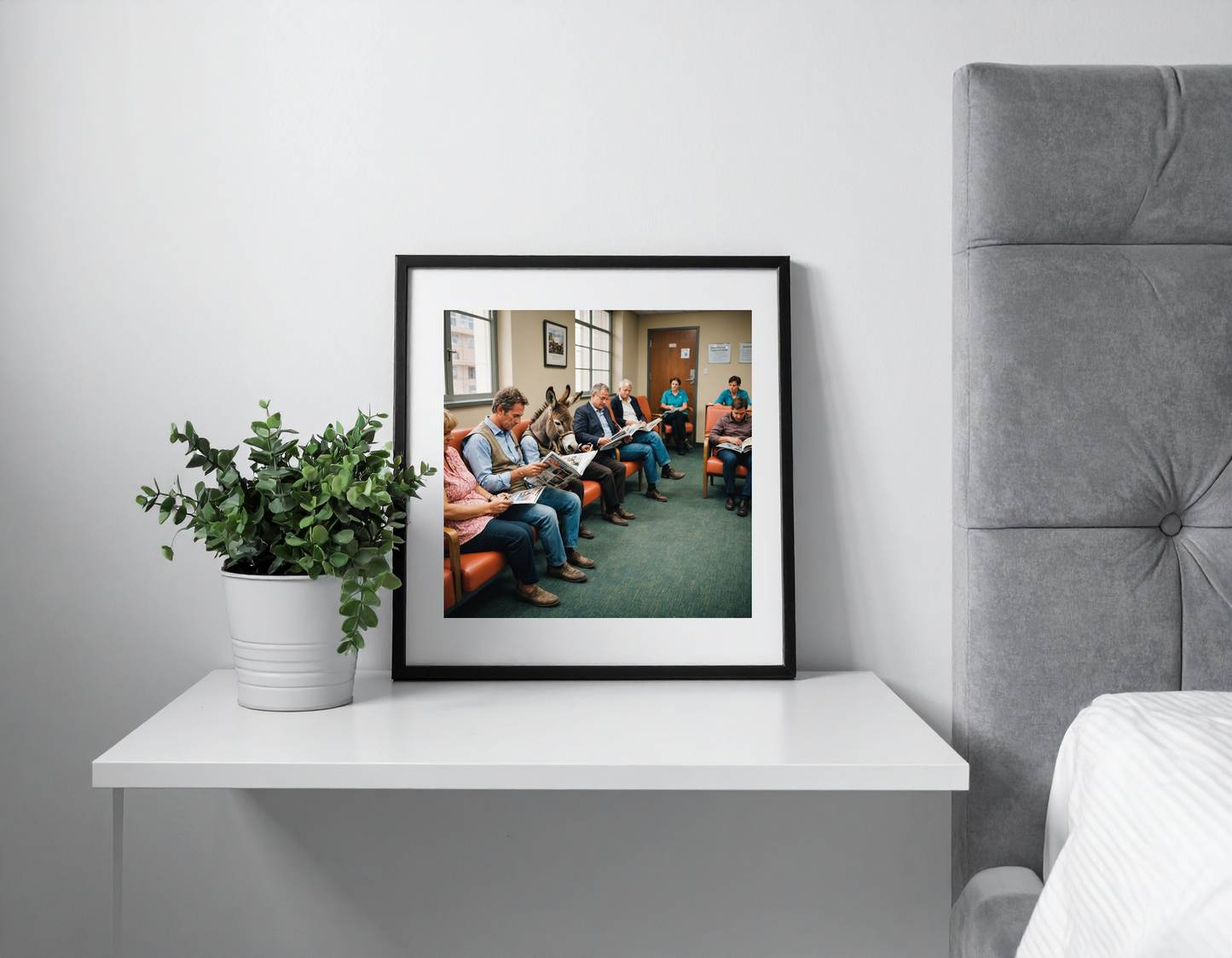 Donkey Reading magazine sitting with other people in an administrative waiting room on chairs Reading magazines