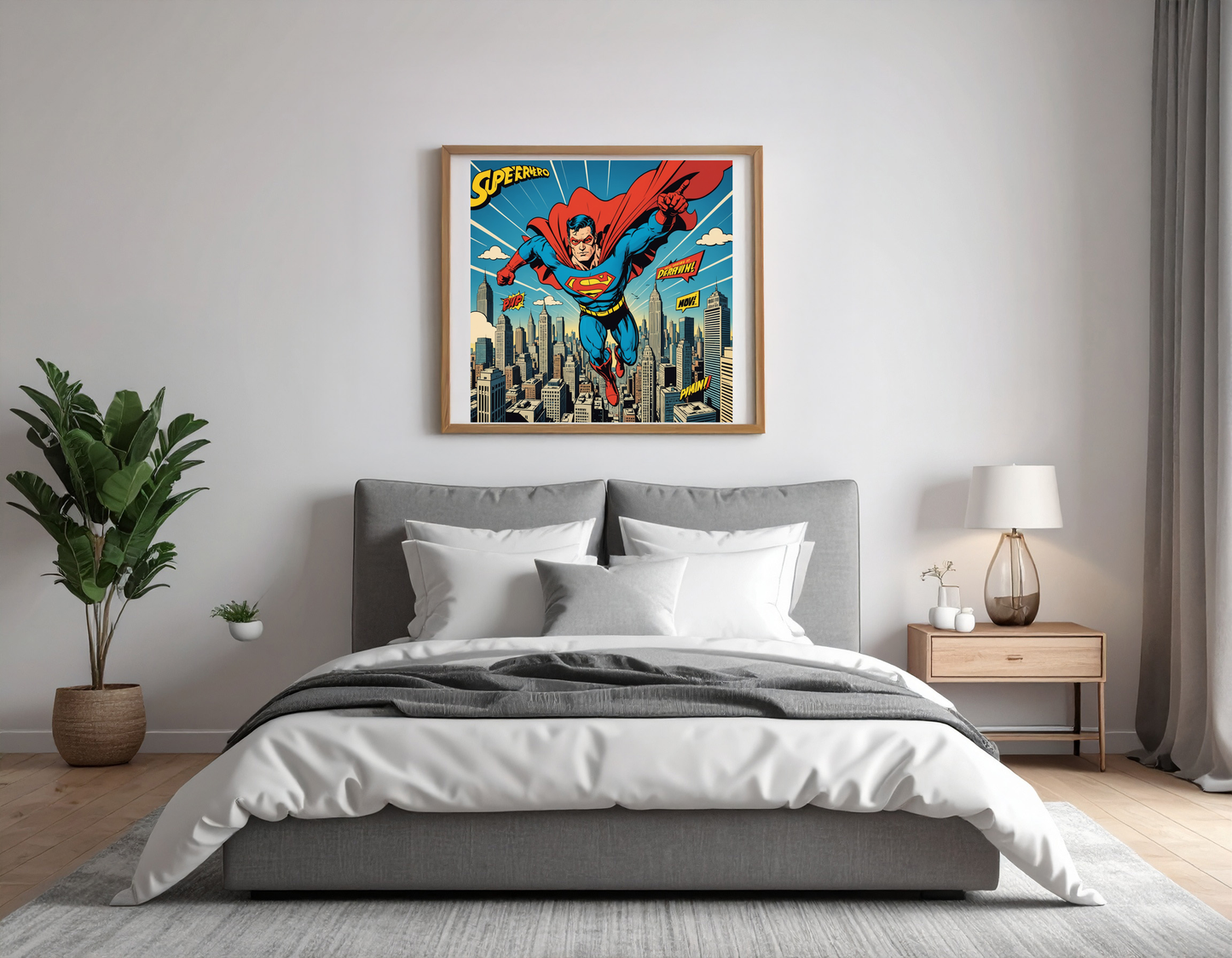 Superhero in pop art style flying above the city, comic text elements, bold design