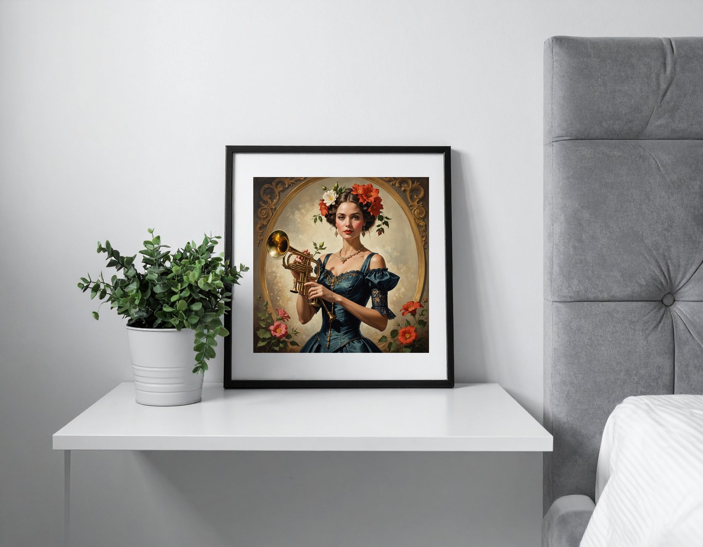 Fancy woman with trumpet and flower