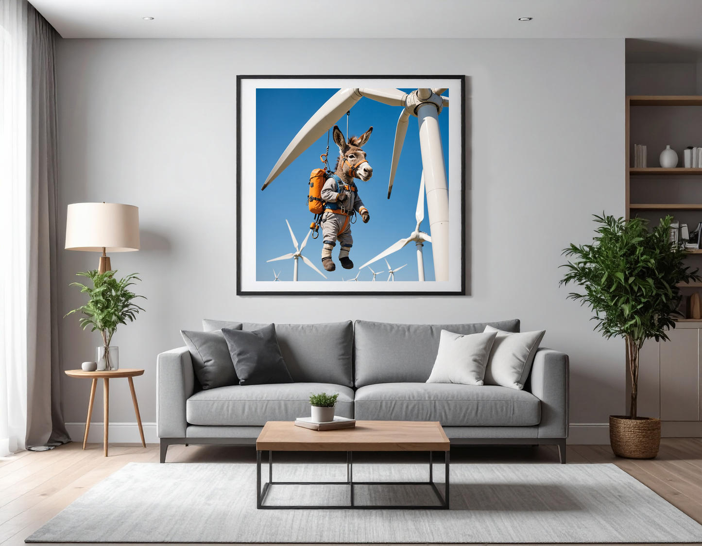 Cute donkey in safety climbing equipment hanging from a wind turbine