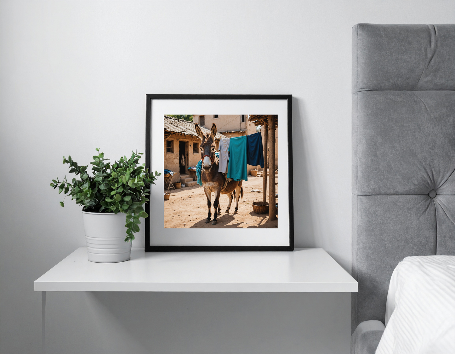 Donkey actively hanging laundry