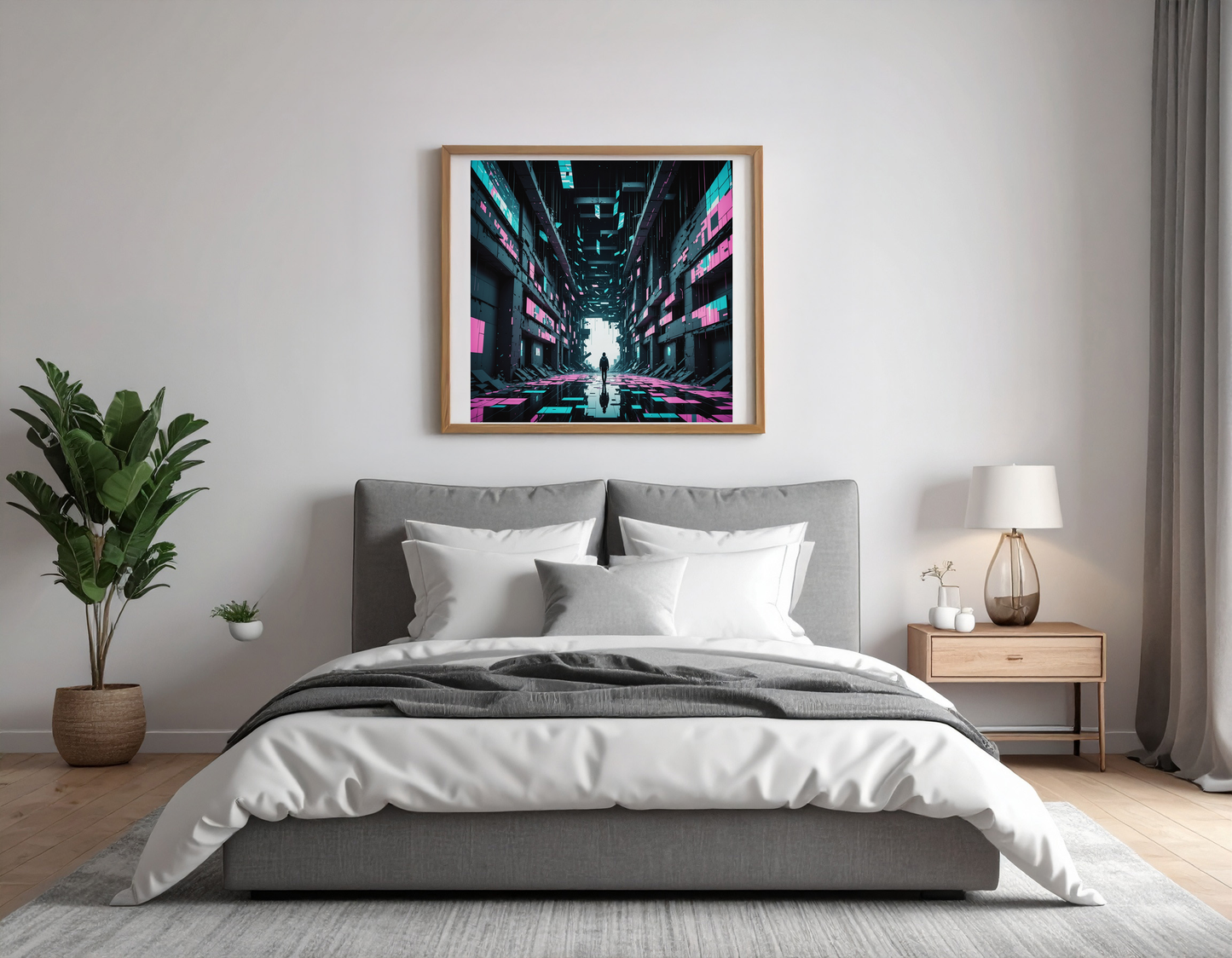 Glitched reality with floating data shards and digital ruins