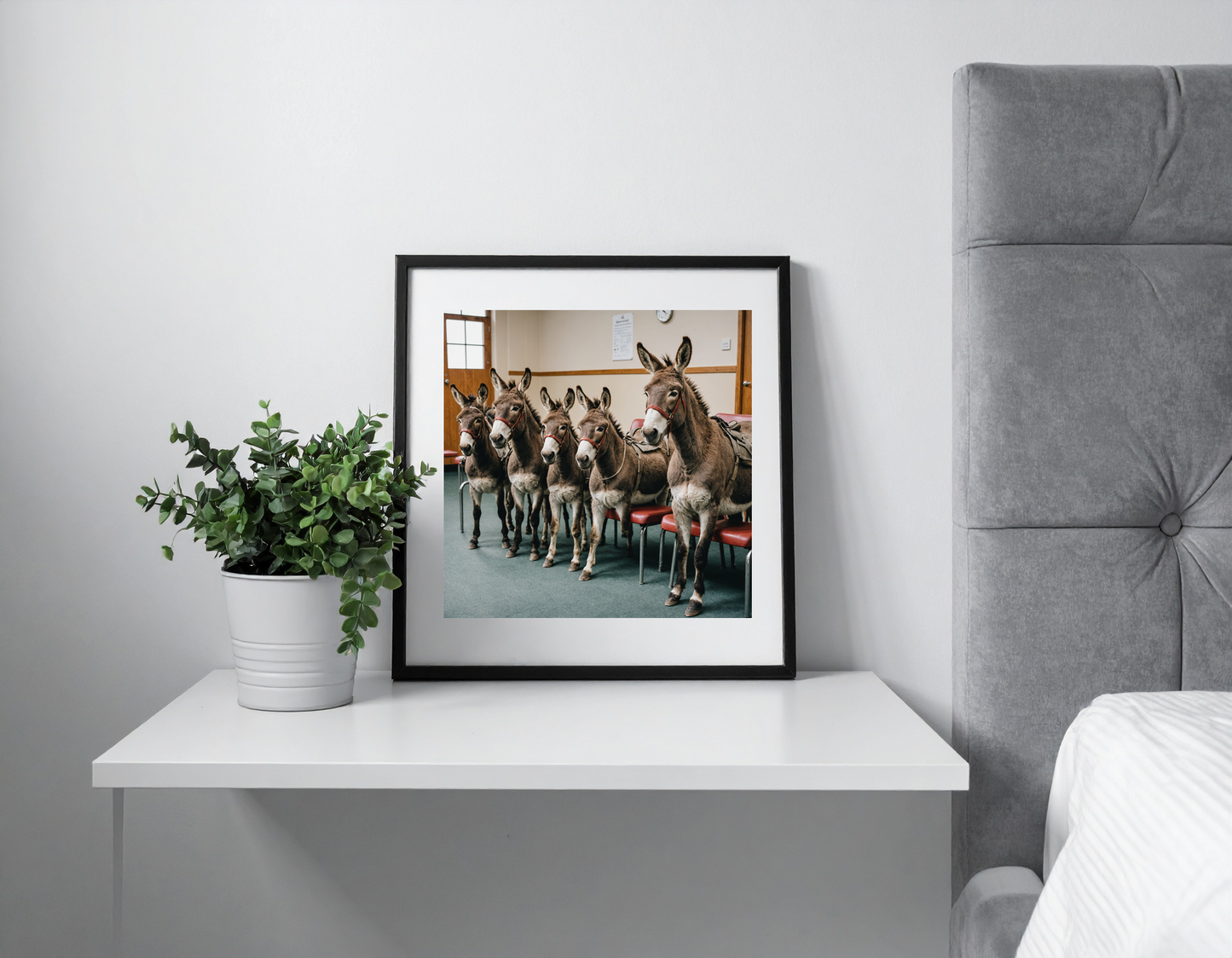 Donkey sitting with other donkeys in an administrative waiting room on chairs