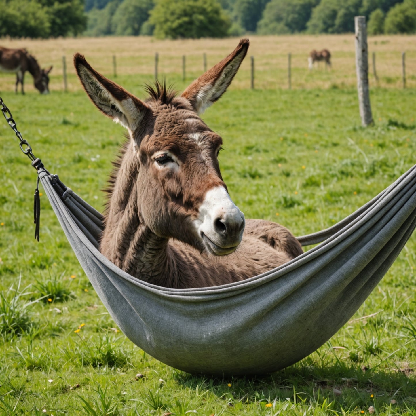 Donkey doing siesta in a hammok in a meadow with closed eyes