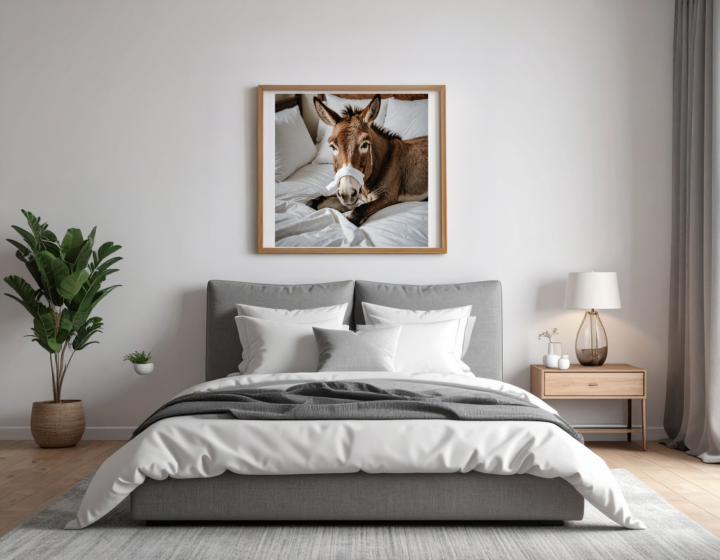 Donkey using a tissue and laying in bed