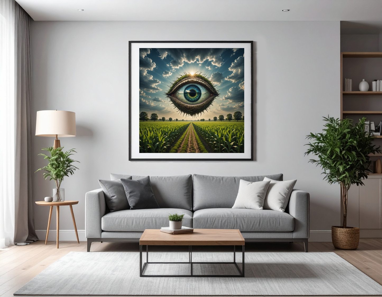 A giant eye opening in the sky above a quiet field, strange atmosphere, symbolic dreamscape