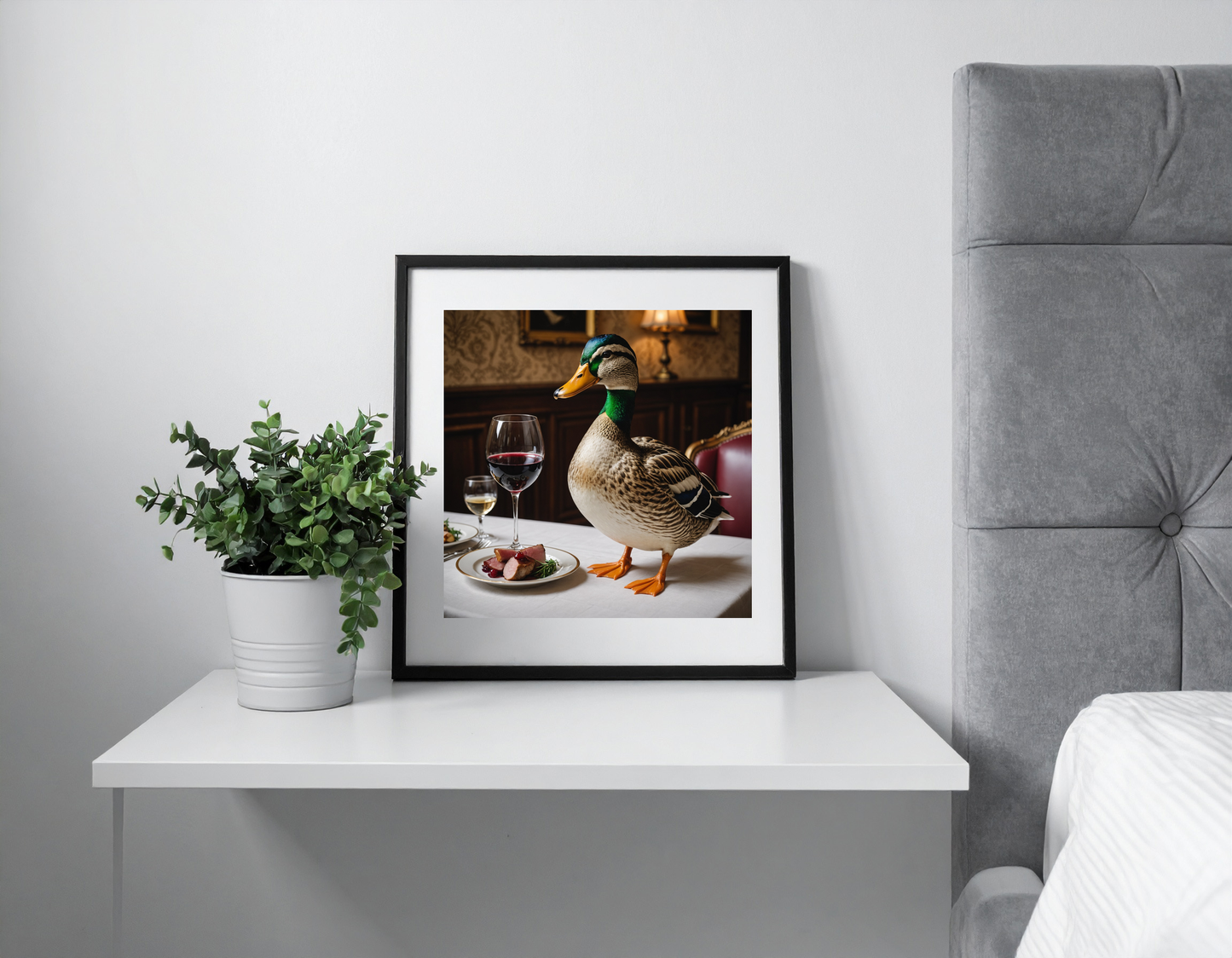 fancy duck with a glass of wine