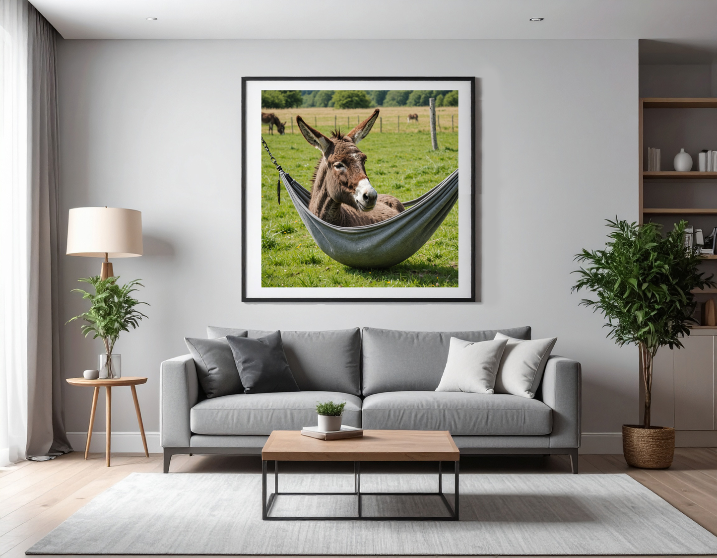 Donkey doing siesta in a hammok in a meadow with closed eyes