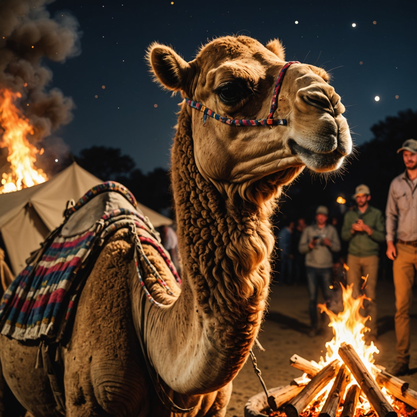 Realistic picture of a Camel at a bonfire party