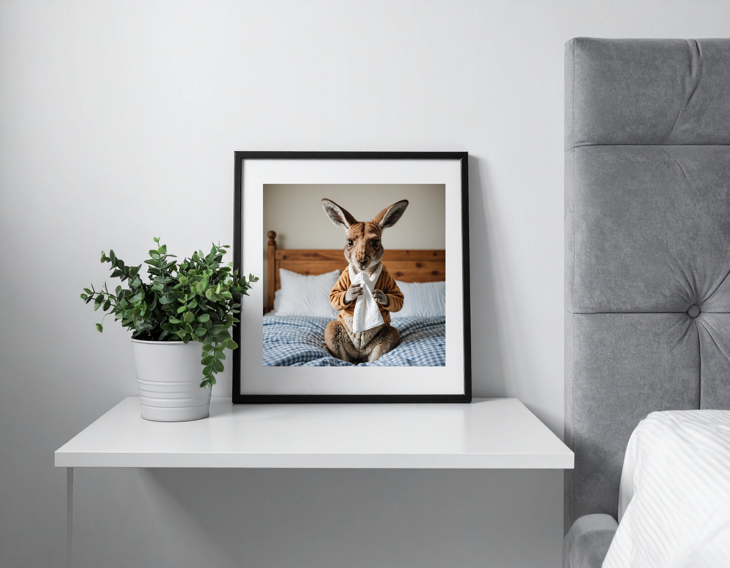 Kangaroo in pyjama in bed blowing its nose with a tissue