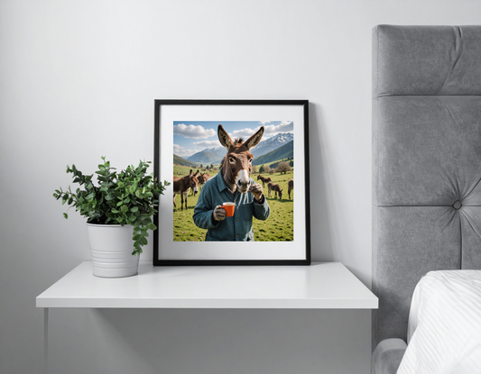 Donkey with a cup of tea in its hand
