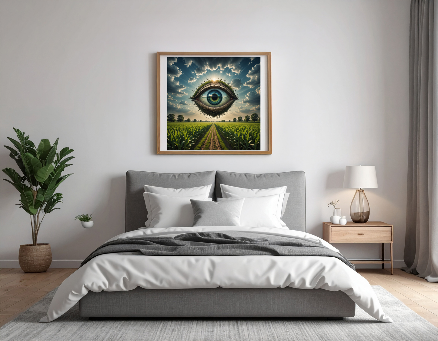 A giant eye opening in the sky above a quiet field, strange atmosphere, symbolic dreamscape