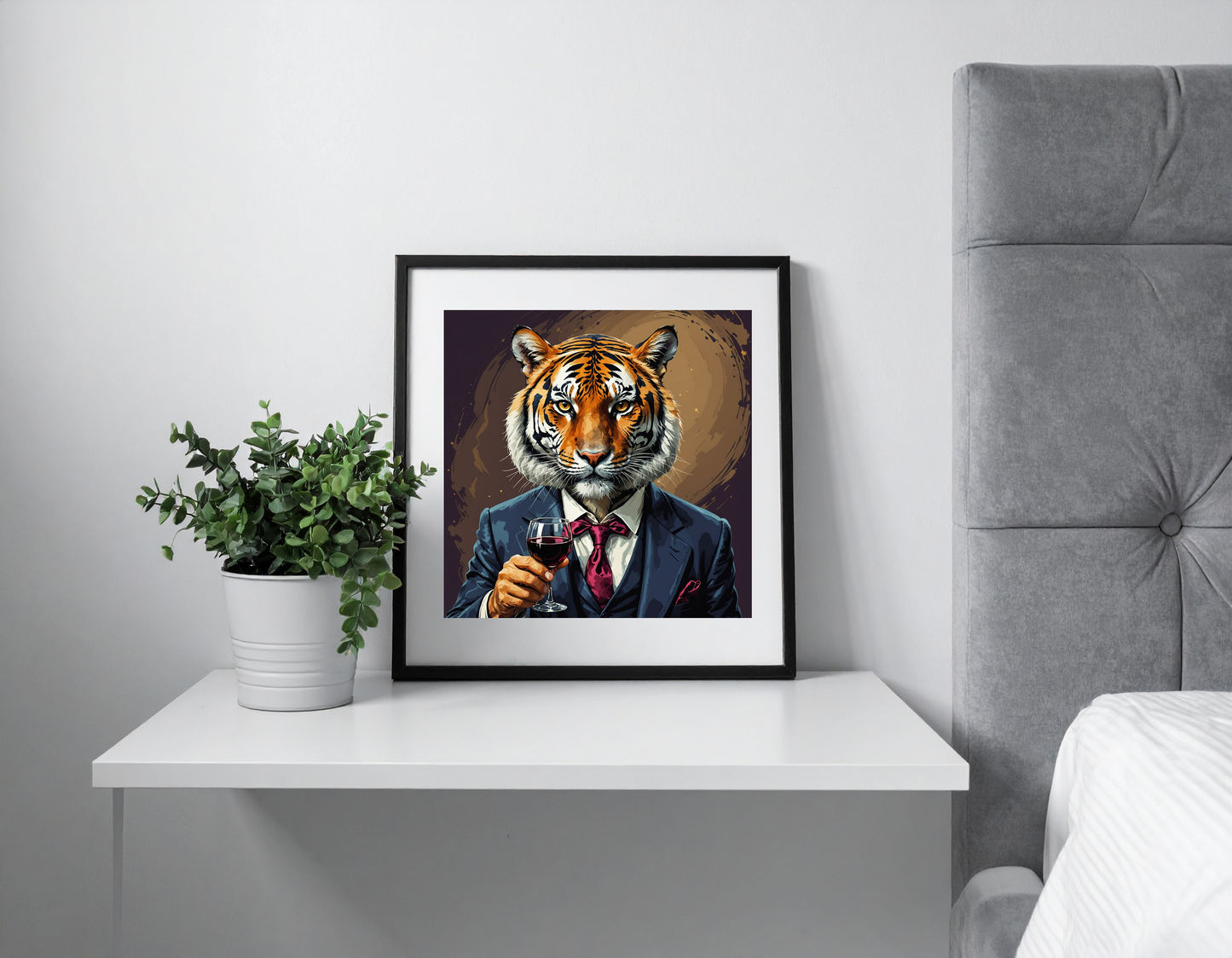 Fancy tiger with a glass of wine and a wink