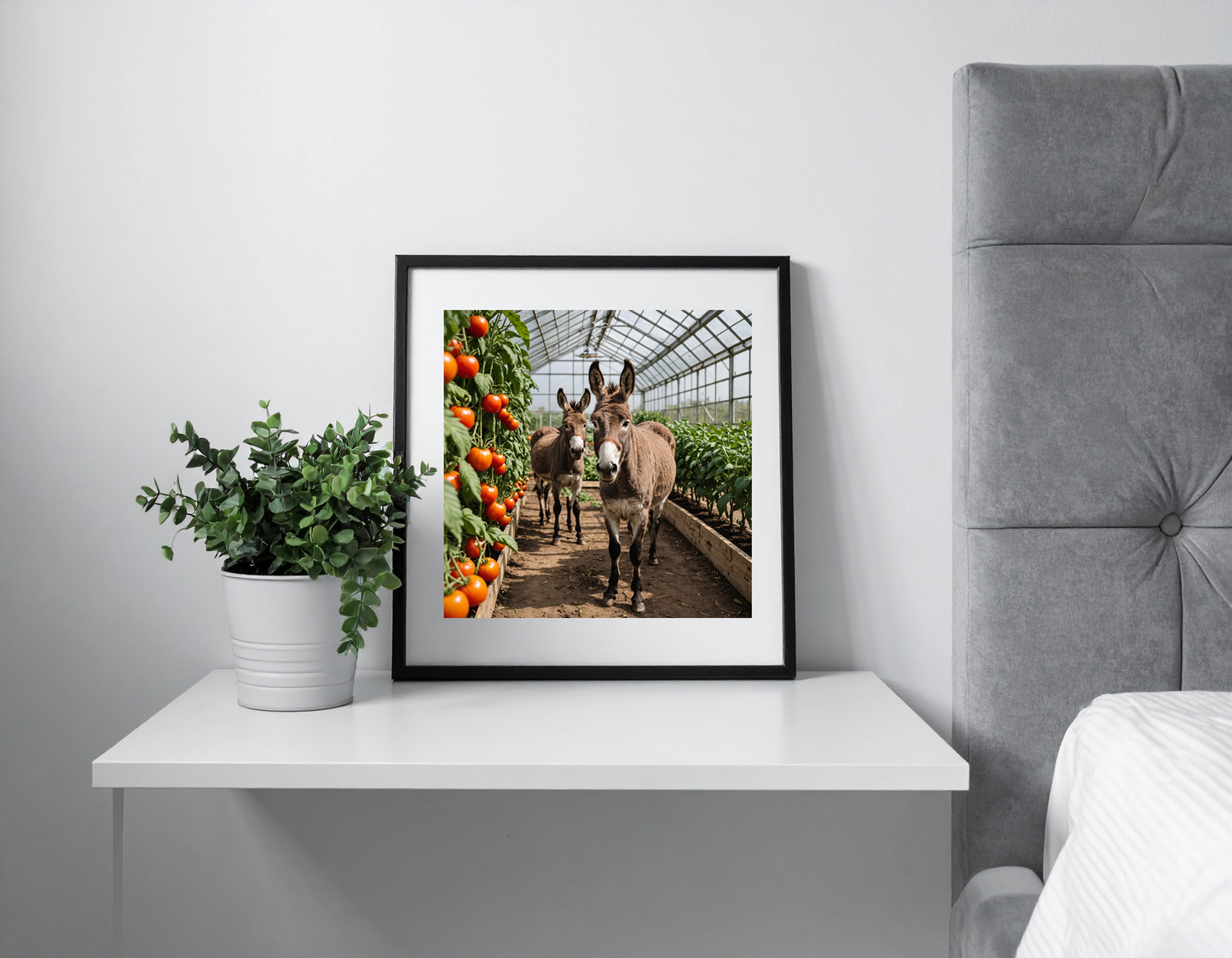 Donkey in a tomatoe greenhouse