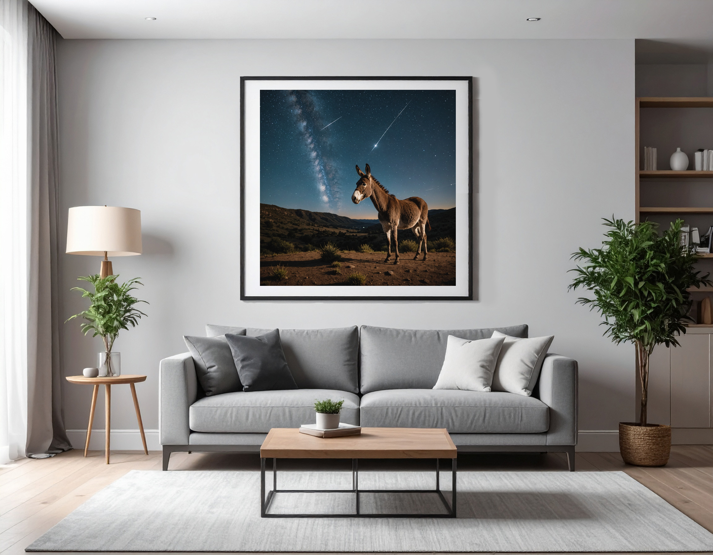 Donkey looking at the night sky full of Starts and a Shooting star