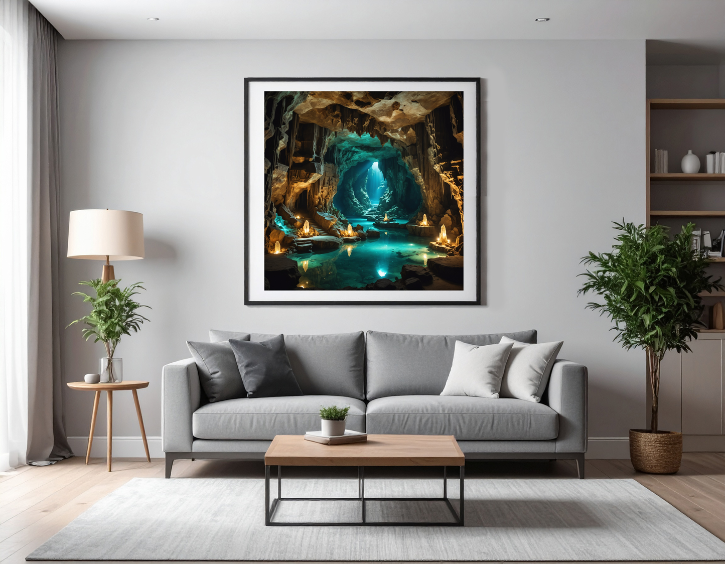 Mystical cave glowing with crystals, underground lake and ancient carvings, fantasy lighting