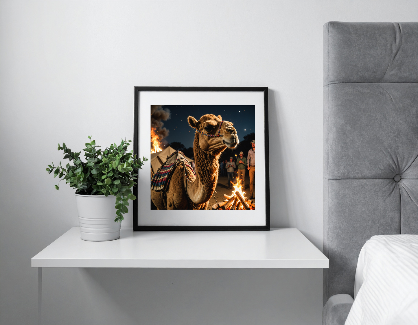 Realistic picture of a Camel at a bonfire party