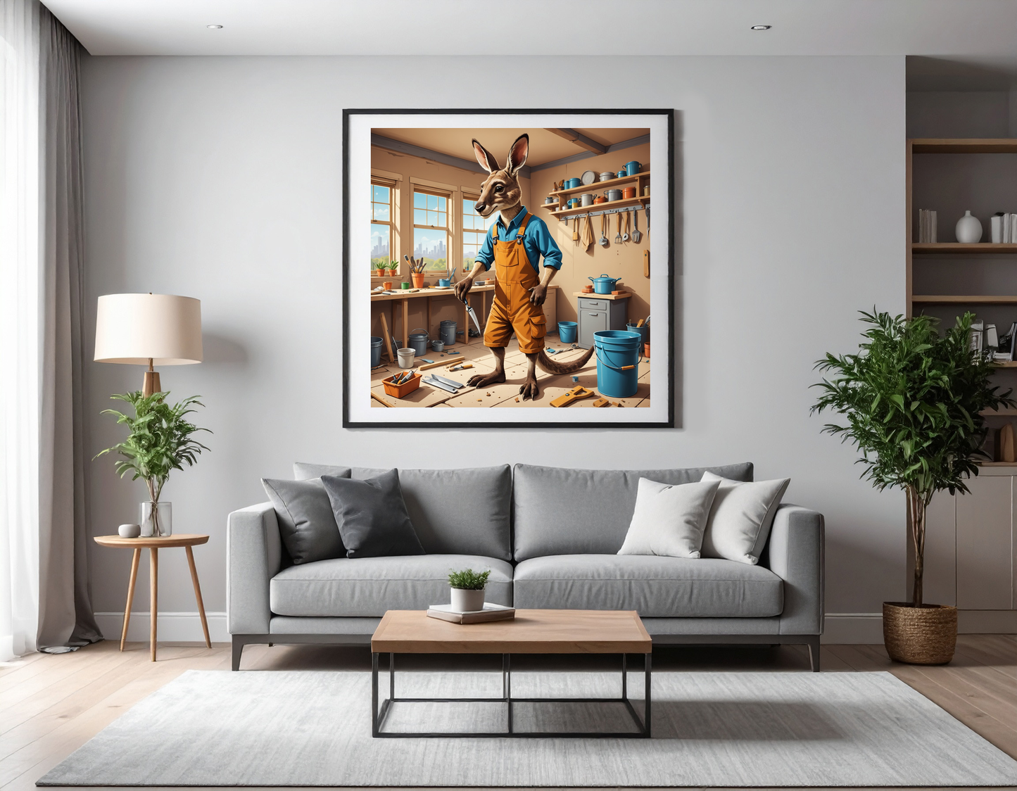 Kangaroo in working clothes doing renovations