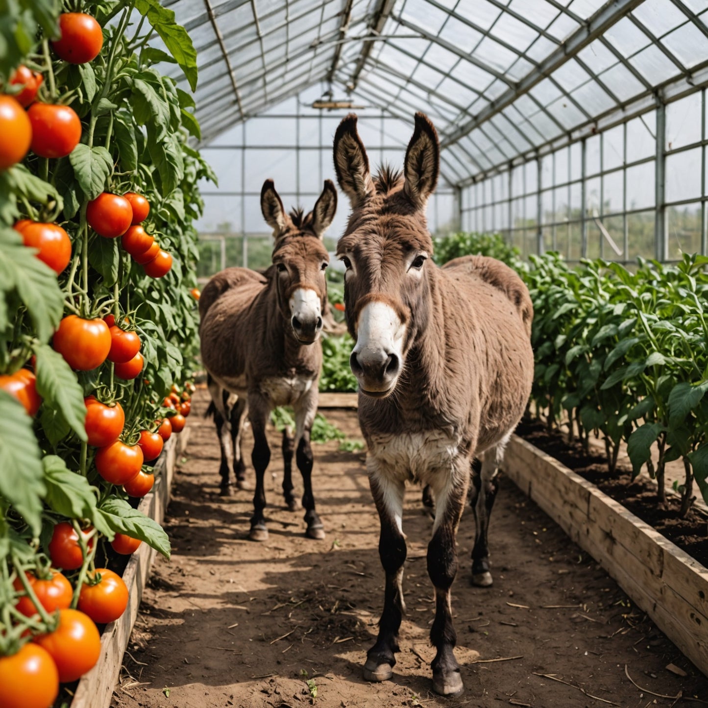 Donkey in a tomatoe greenhouse