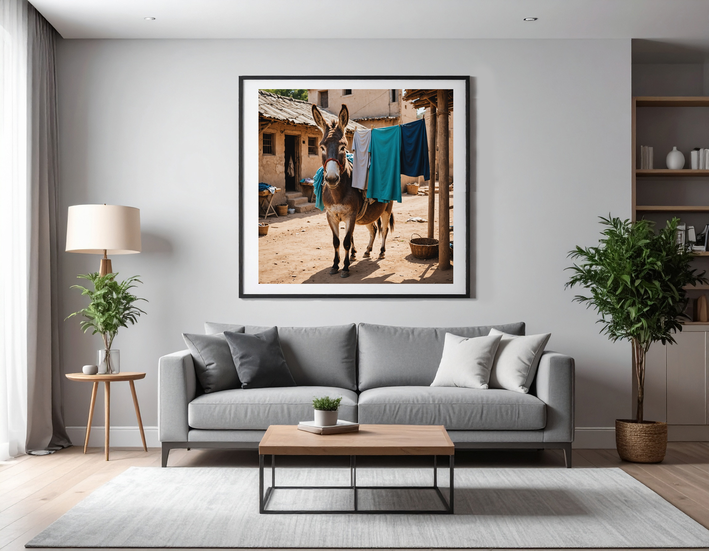 Donkey actively hanging laundry