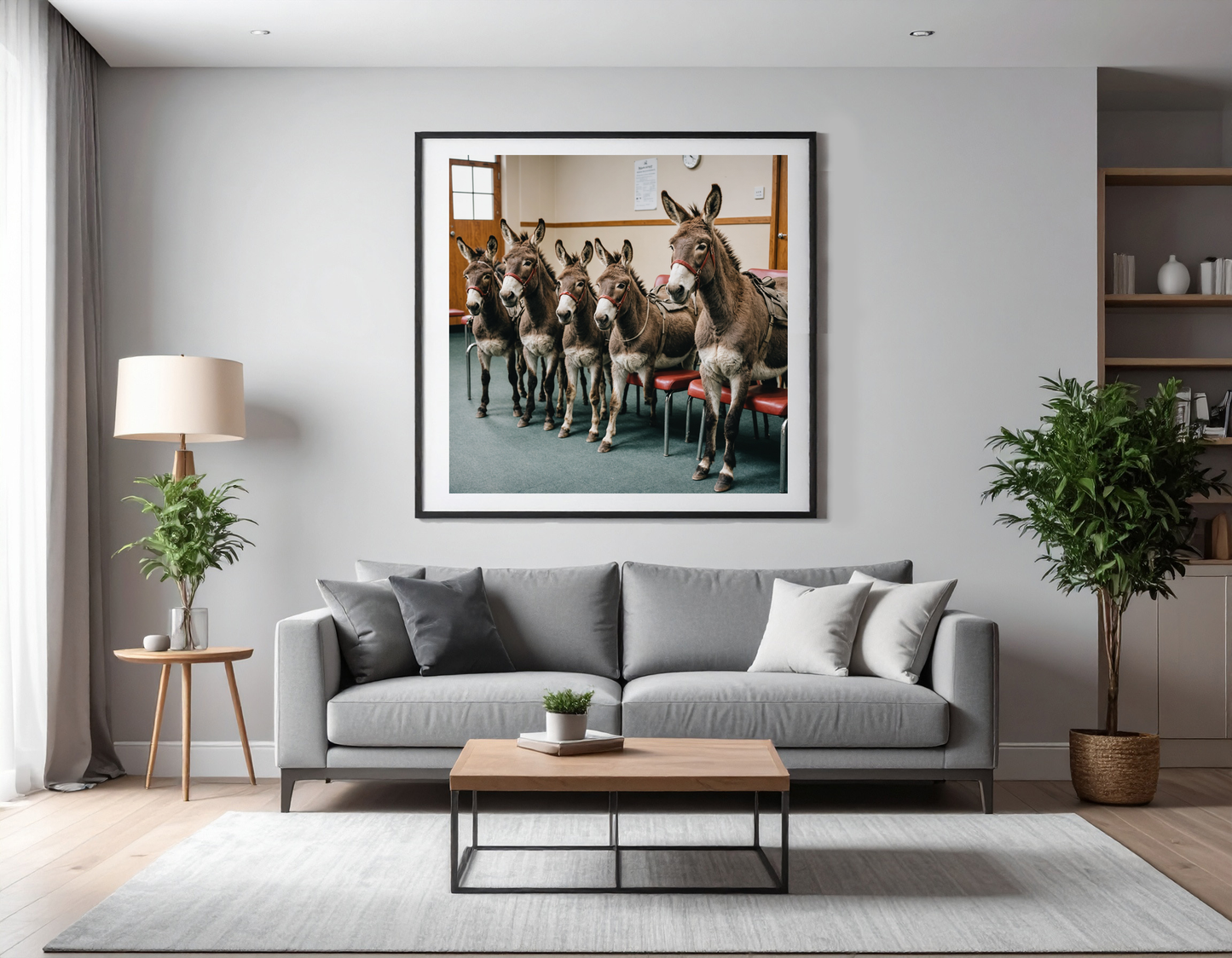 Donkey sitting with other donkeys in an administrative waiting room on chairs