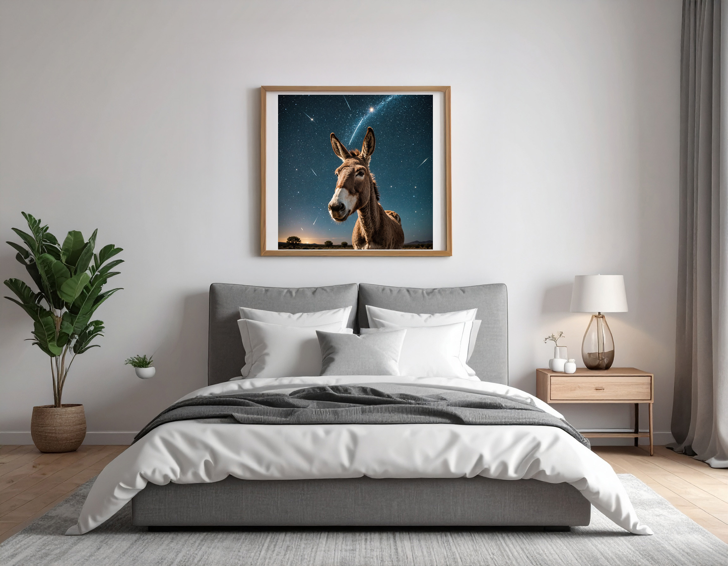 Donkey with its head facing the sky full of Starts and a Shooting star