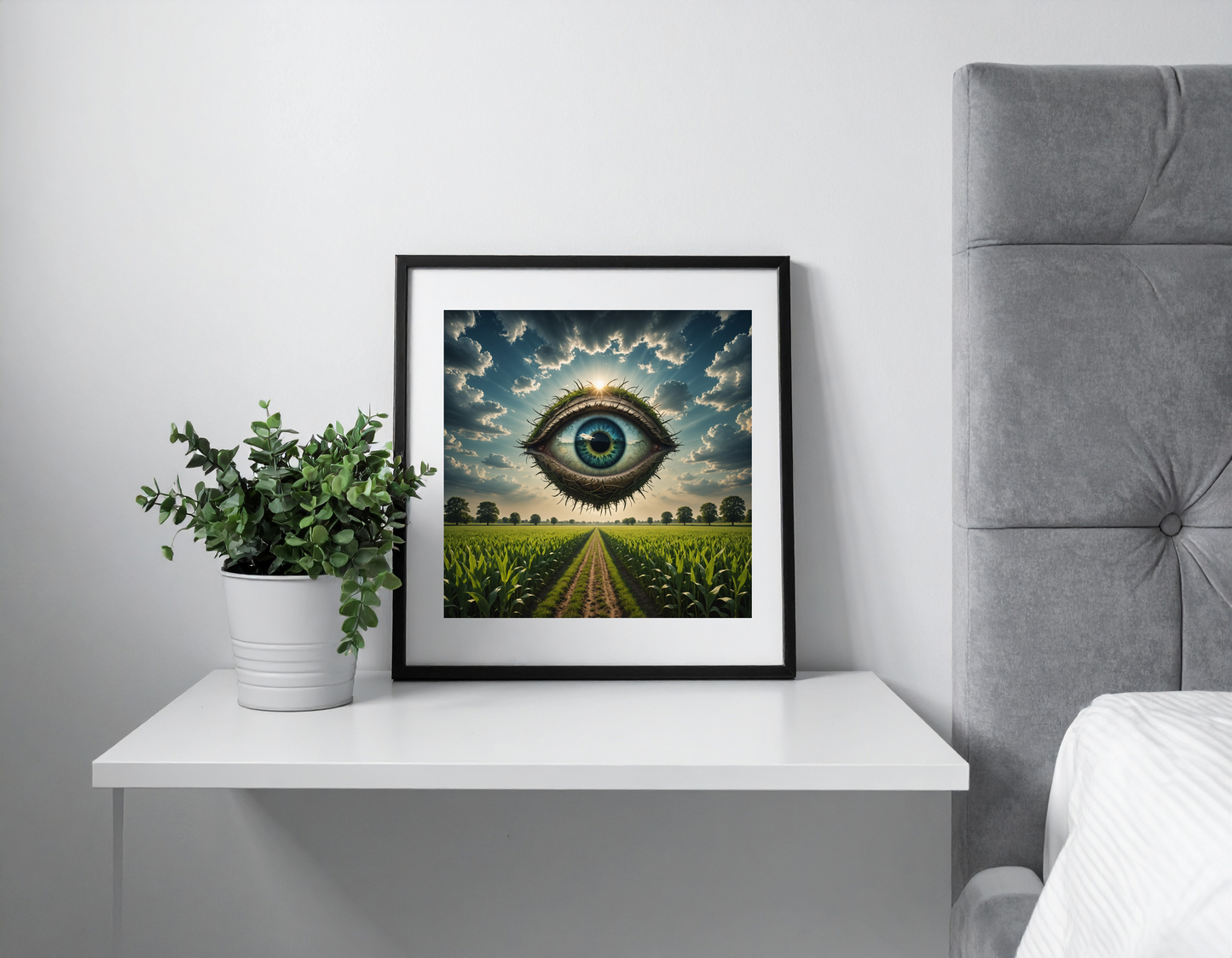 A giant eye opening in the sky above a quiet field, strange atmosphere, symbolic dreamscape