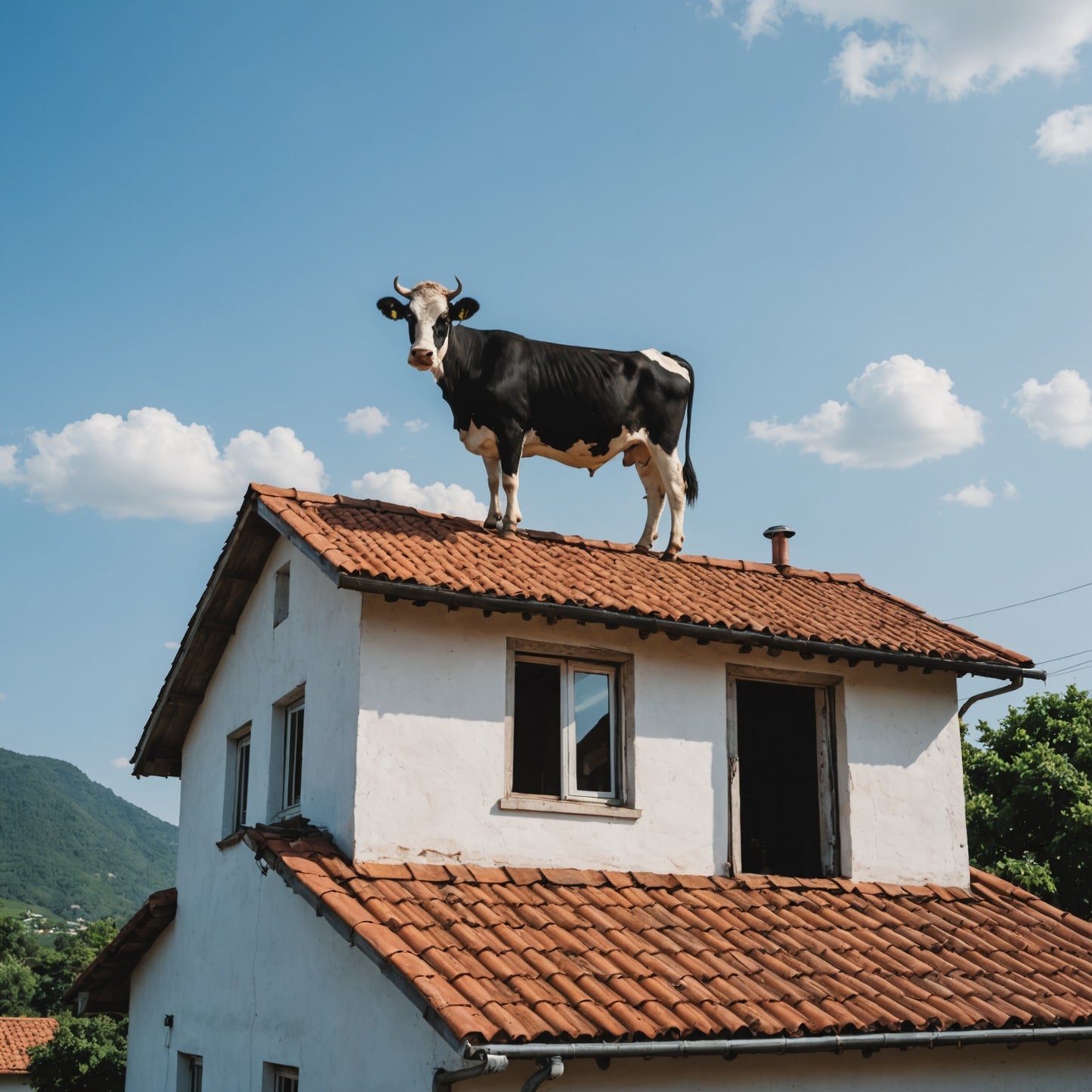 Cow standing on the roof of a house
