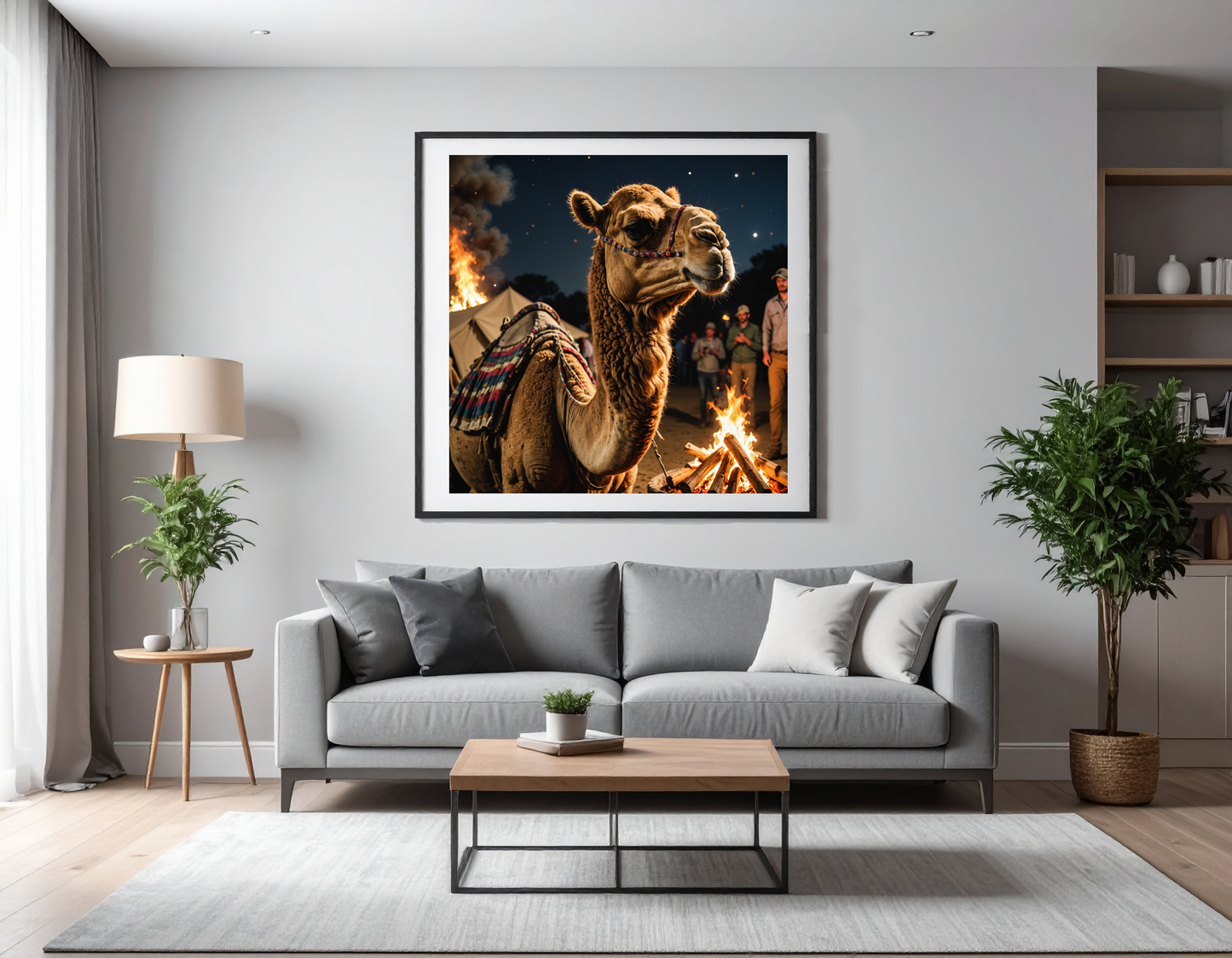 Realistic picture of a Camel at a bonfire party