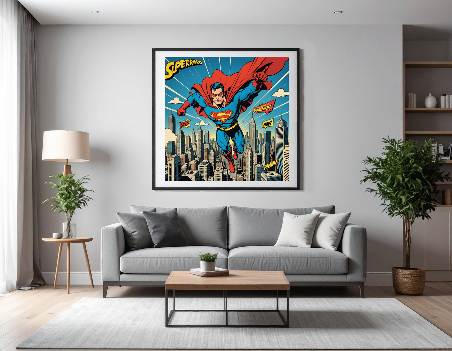 Superhero in pop art style flying above the city, comic text elements, bold design