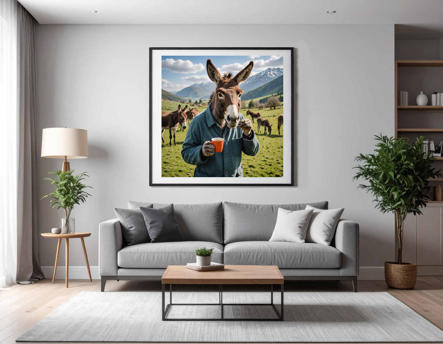 Donkey with a cup of tea in its hand