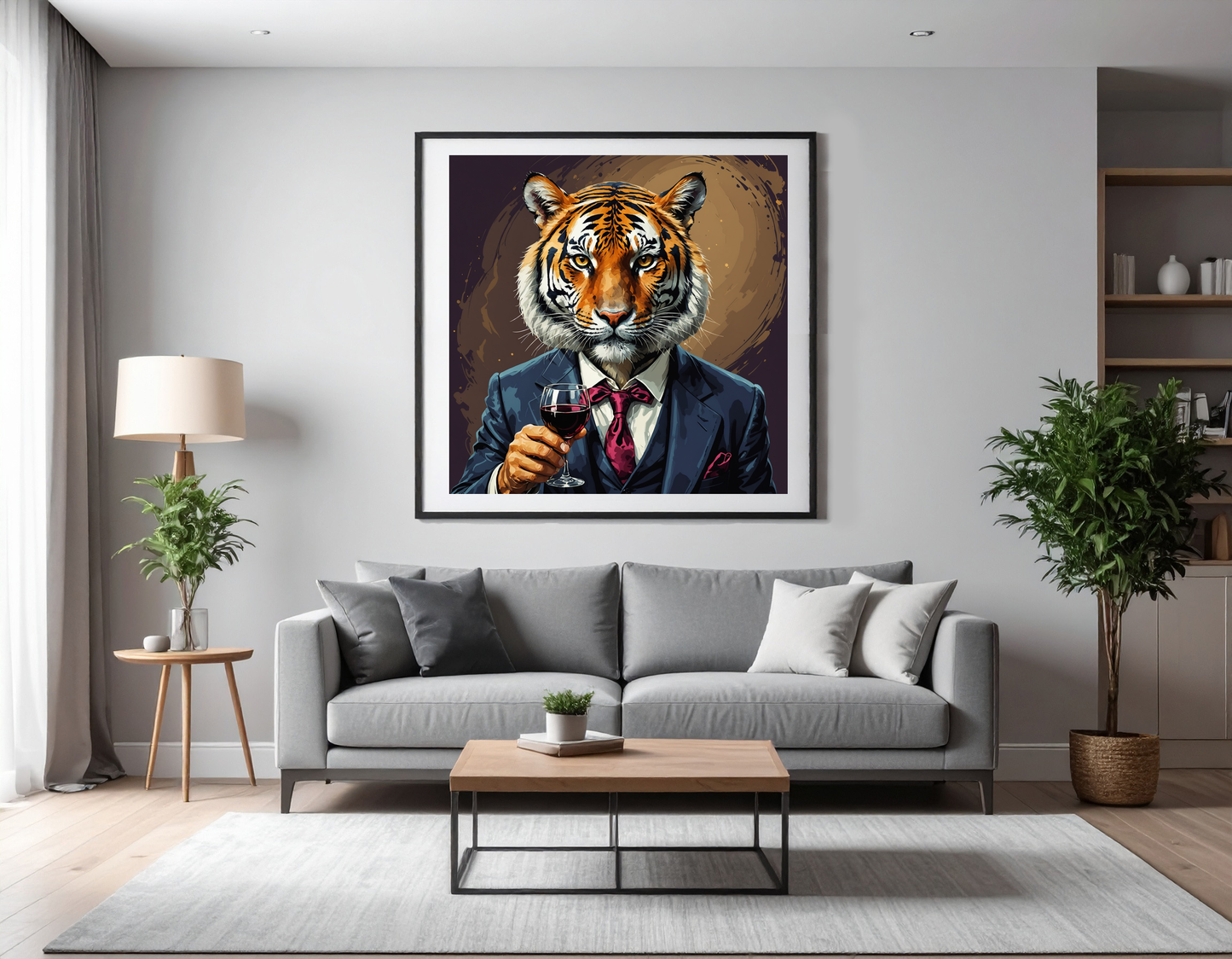Fancy tiger with a glass of wine and a wink