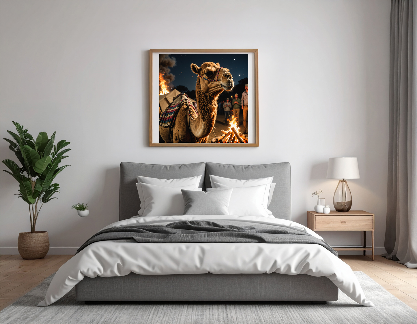 Realistic picture of a Camel at a bonfire party
