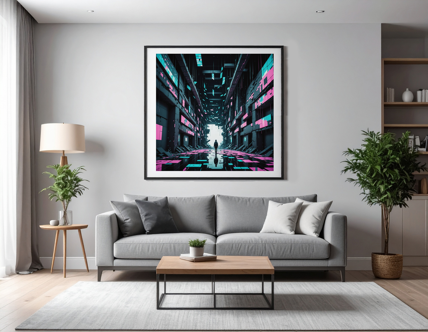 Glitched reality with floating data shards and digital ruins