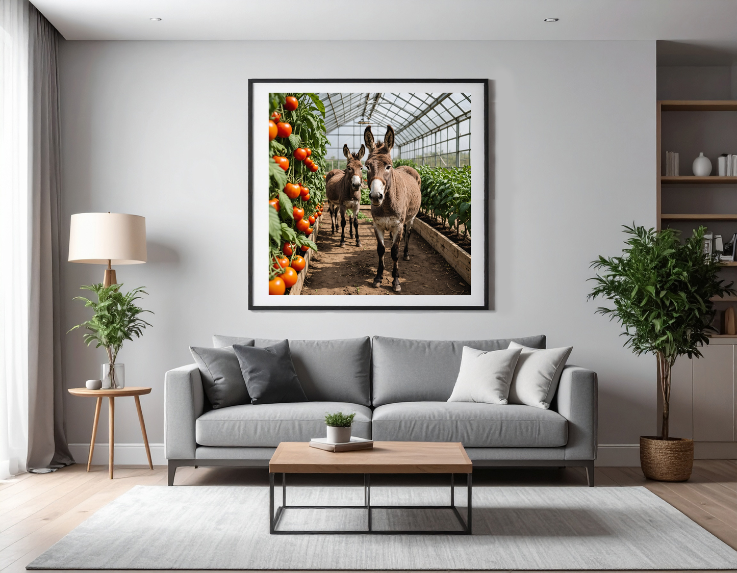 Donkey in a tomatoe greenhouse