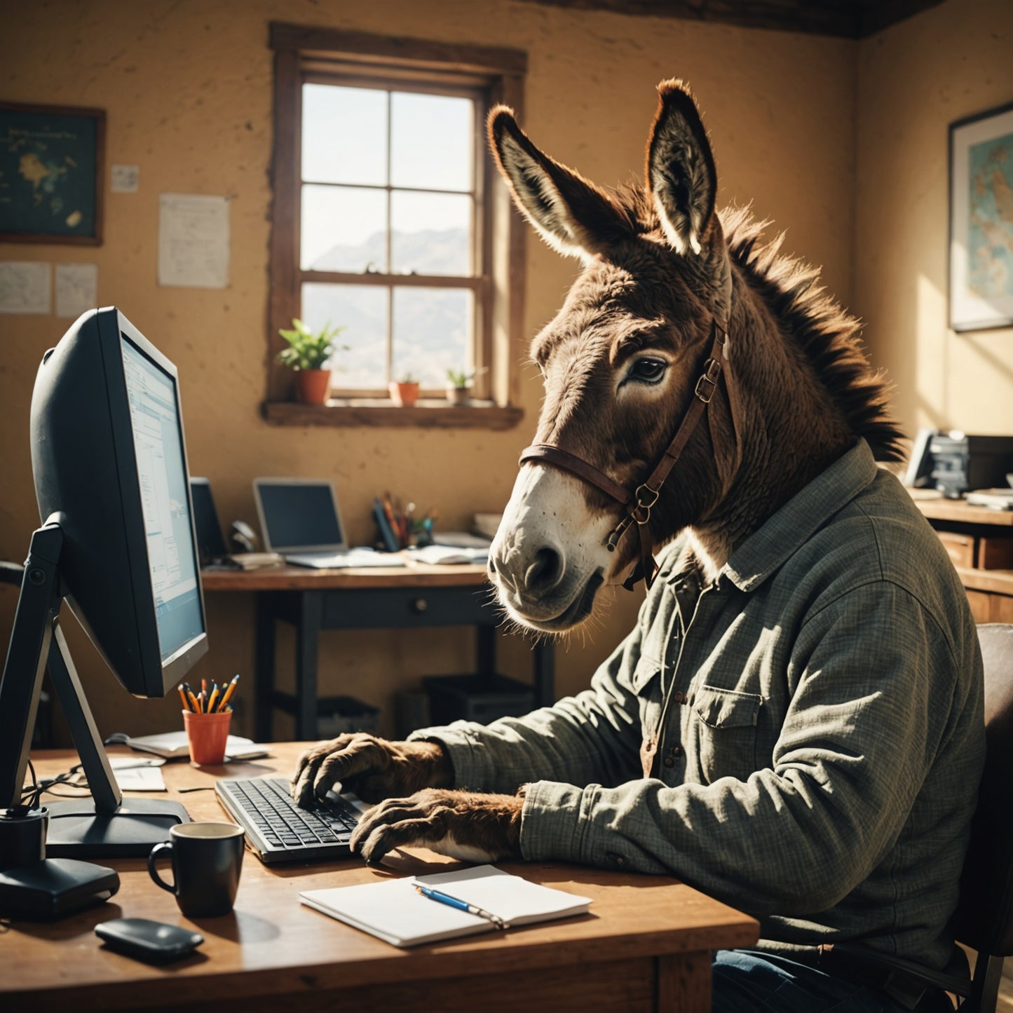 Donkey at a desk working on a computer