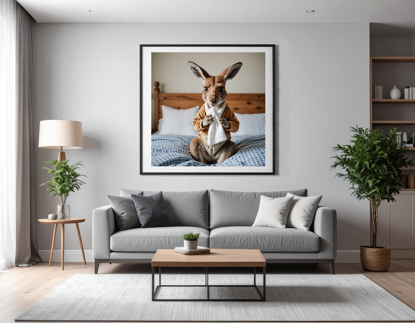 Kangaroo in pyjama in bed blowing its nose with a tissue