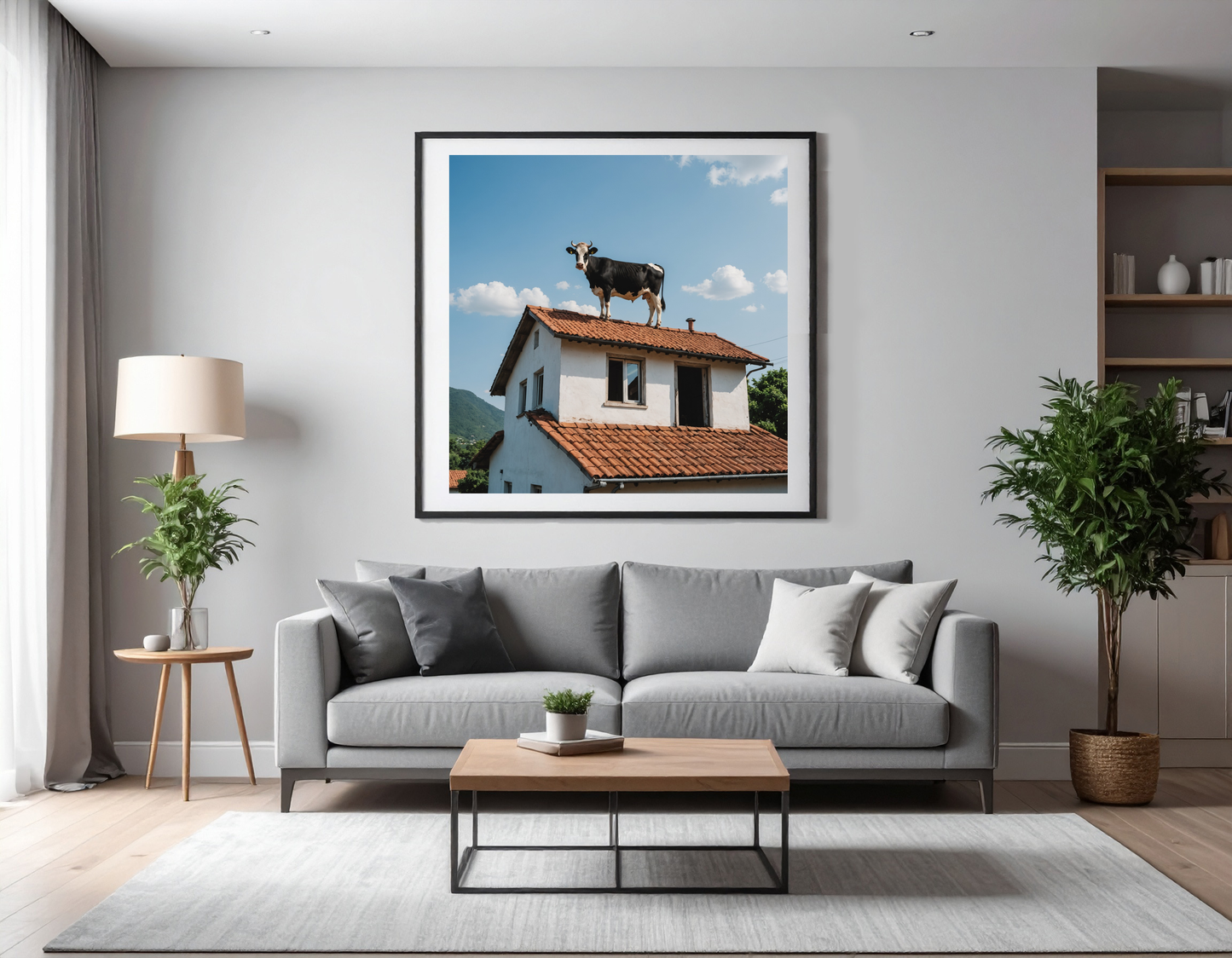 Cow standing on the roof of a house