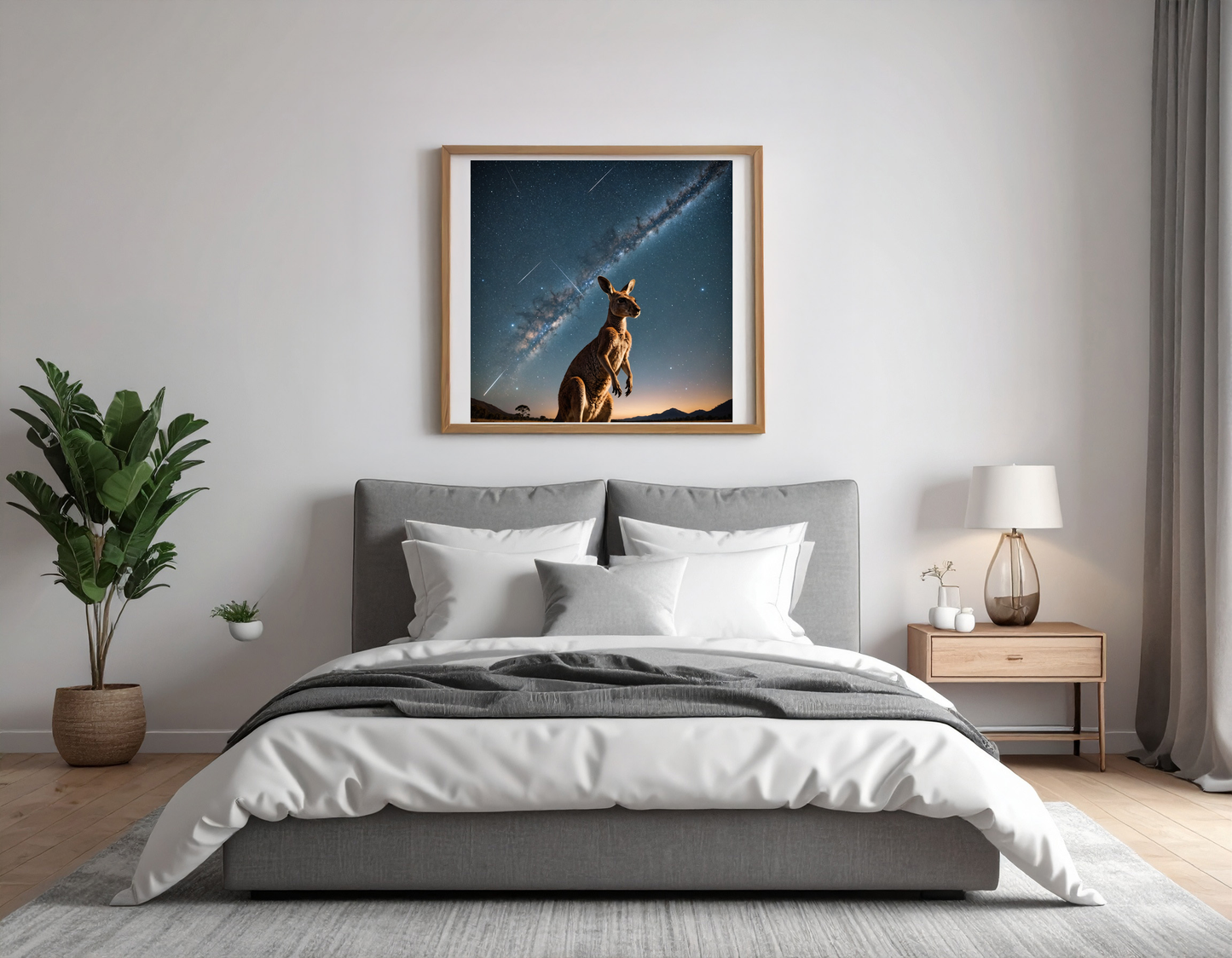 Kangaroo with its head facing the sky full of Stars and a Shooting star