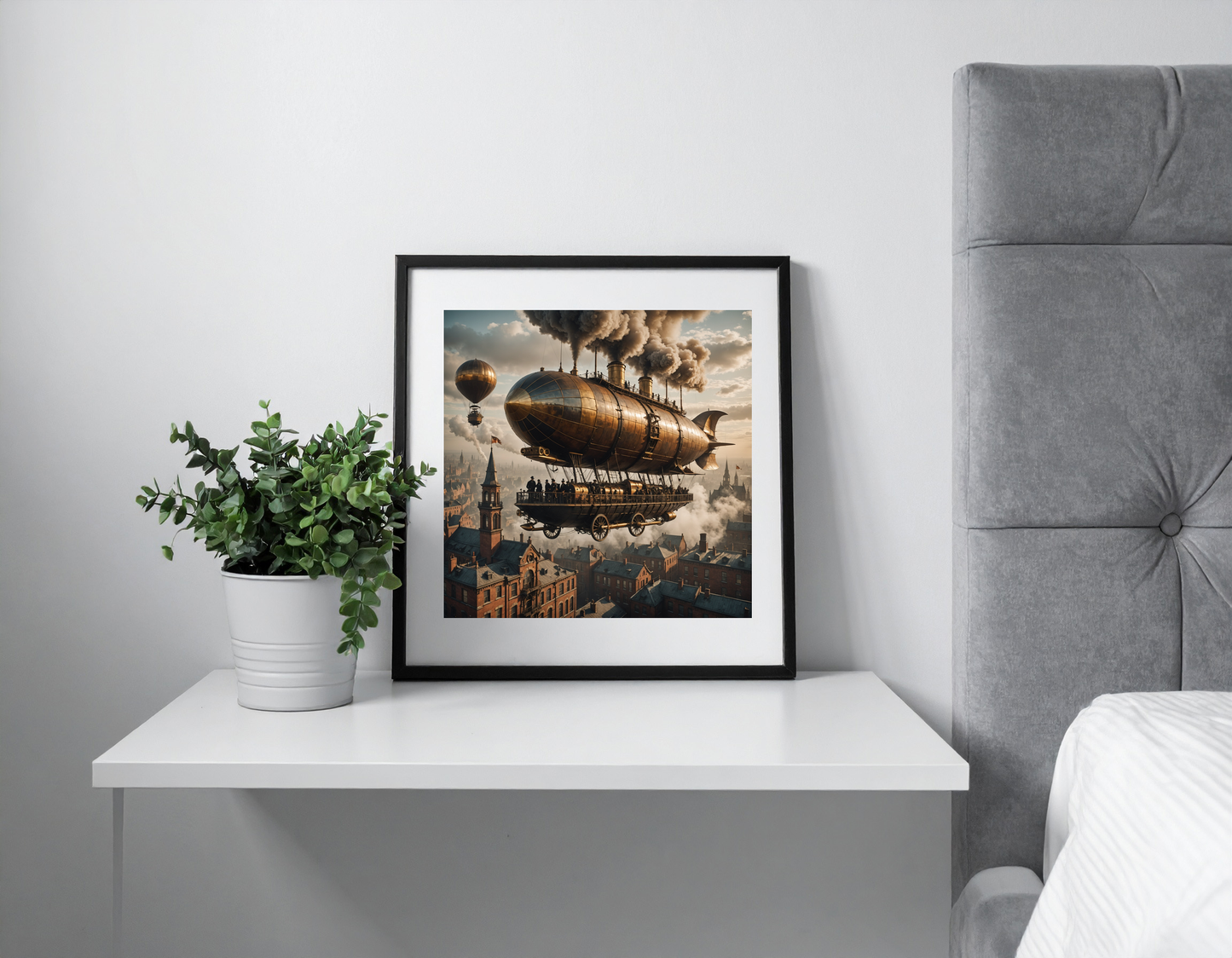 A Victorian-era airship floating above a foggy cityscape, brass gears and smokestacks everywhere, warm tones, steampunk style