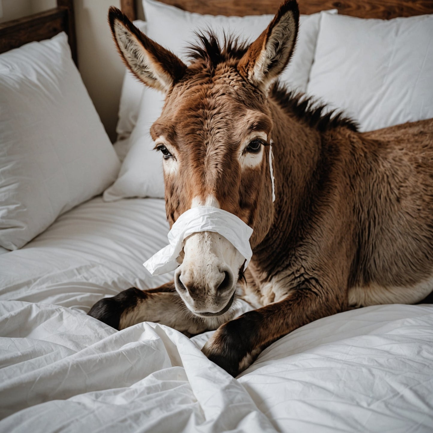 Donkey using a tissue and laying in bed