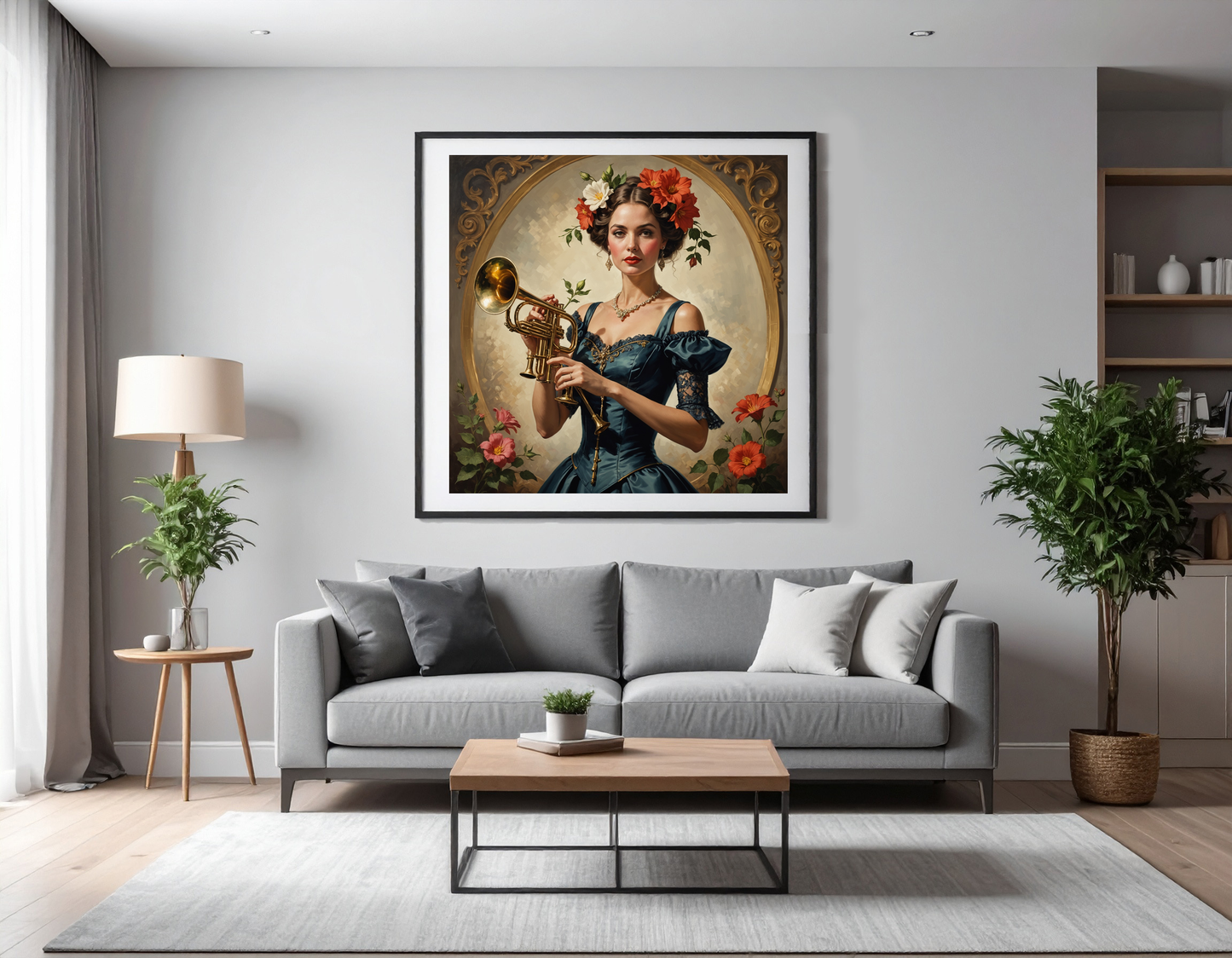 Fancy woman with trumpet and flower