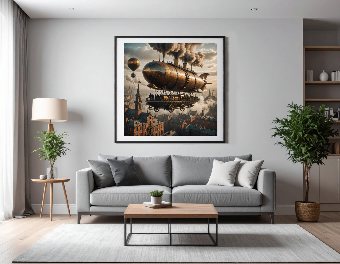 A Victorian-era airship floating above a foggy cityscape, brass gears and smokestacks everywhere, warm tones, steampunk style