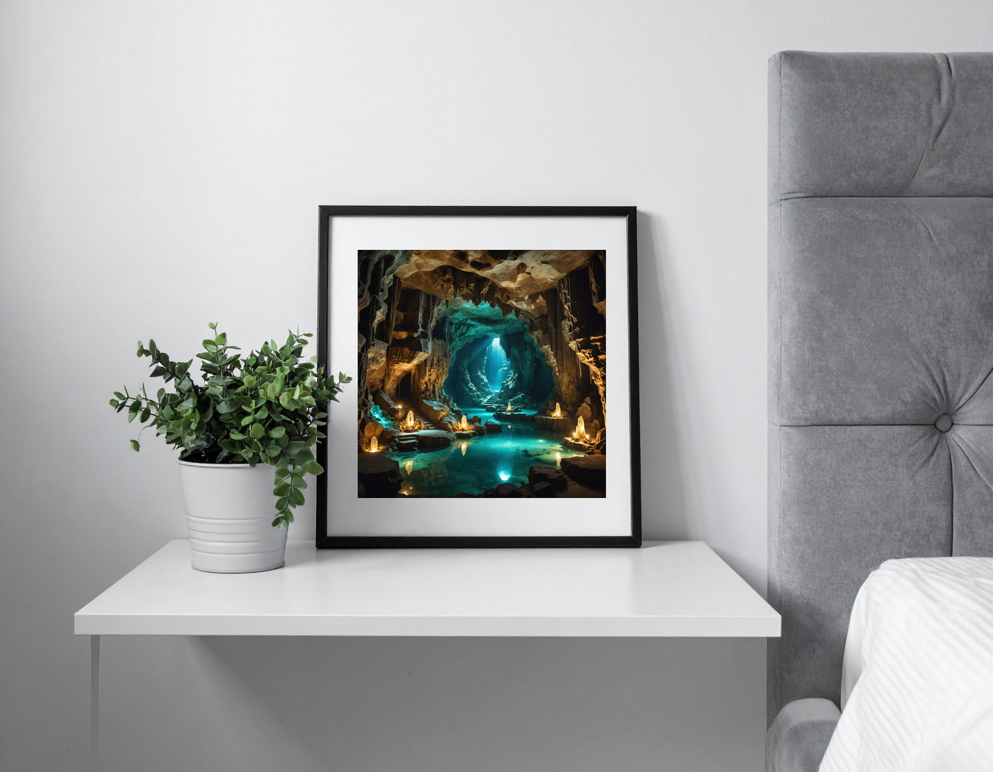 Mystical cave glowing with crystals, underground lake and ancient carvings, fantasy lighting